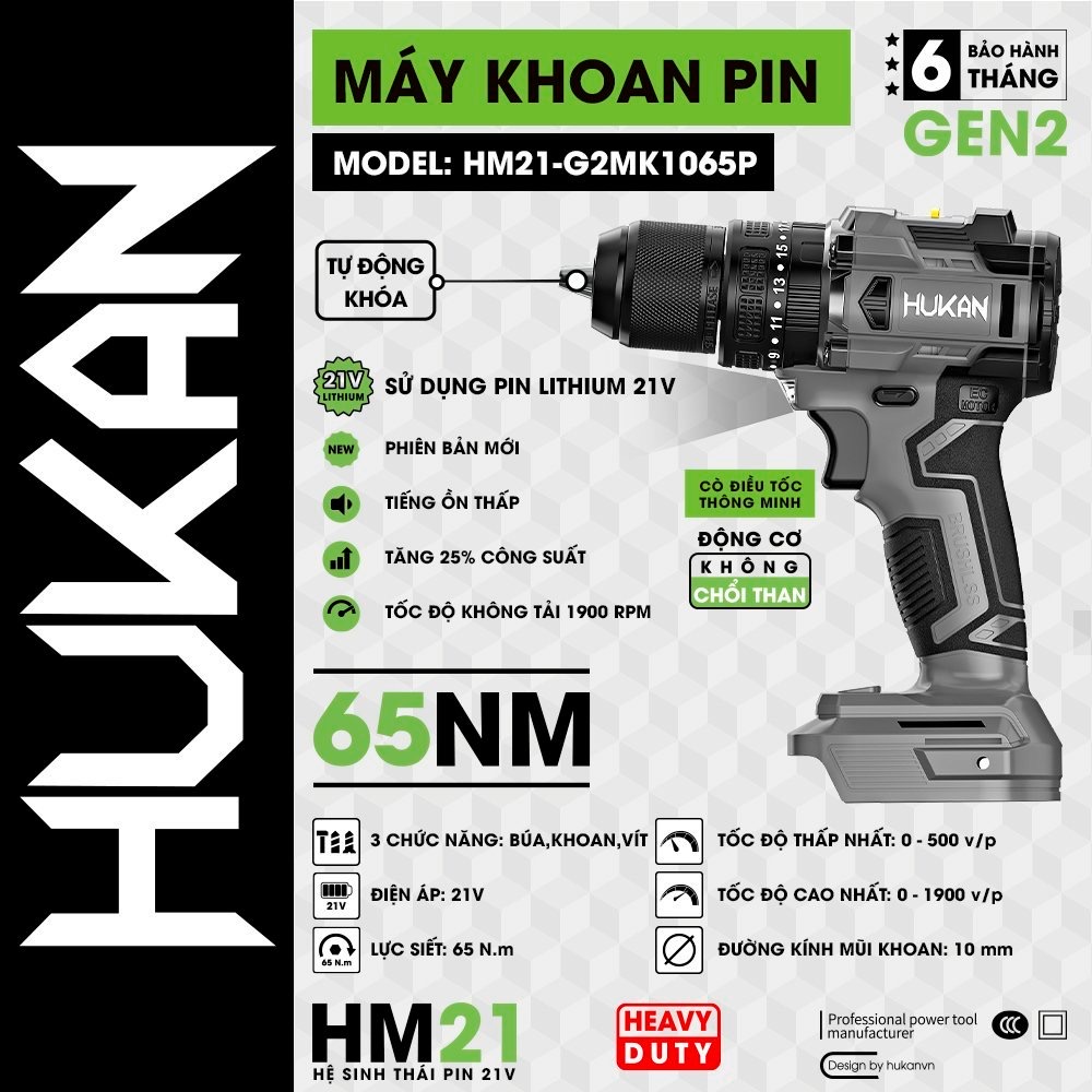 Thân Máy Khoan Pin Hukan HM21 - G2MK1065P Đầu Kẹp 10mm 3 Chức Năng / Không Chổi Than / Chân Pin Phổ Thông