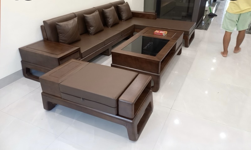 Sofa góc L , chất liệu gỗ tự nhiên kích thước 2m8x1m8, kiểu dáng chân choãi, gọn gàng tiện lợi A11