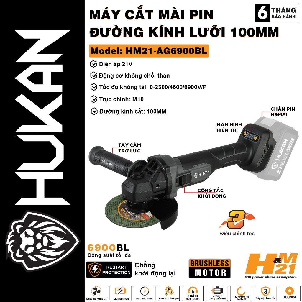 Thân máy mài pin HUKAN AG6900BL Black, 3 tốc độ, Động cơ Không chổi than