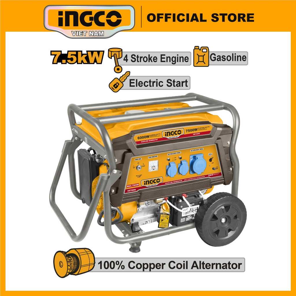 ￼Máy phát điện chạy xăng 7.5KVA INGCO GE75006 dây đồng 100% dùng cho gia đình, công ty loại đề điện và giật nổ