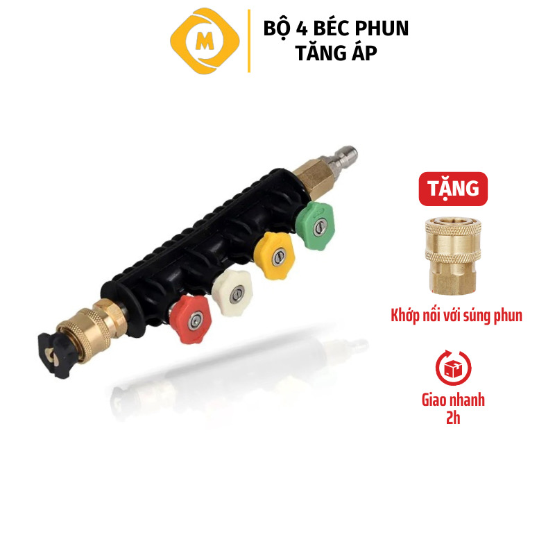 Bộ 4 béc phun tăng áp PK039, đầu béc có góc gắn vòi xịt rửa của máy rửa xe áp lực cao - Tặng khớp nối đồng