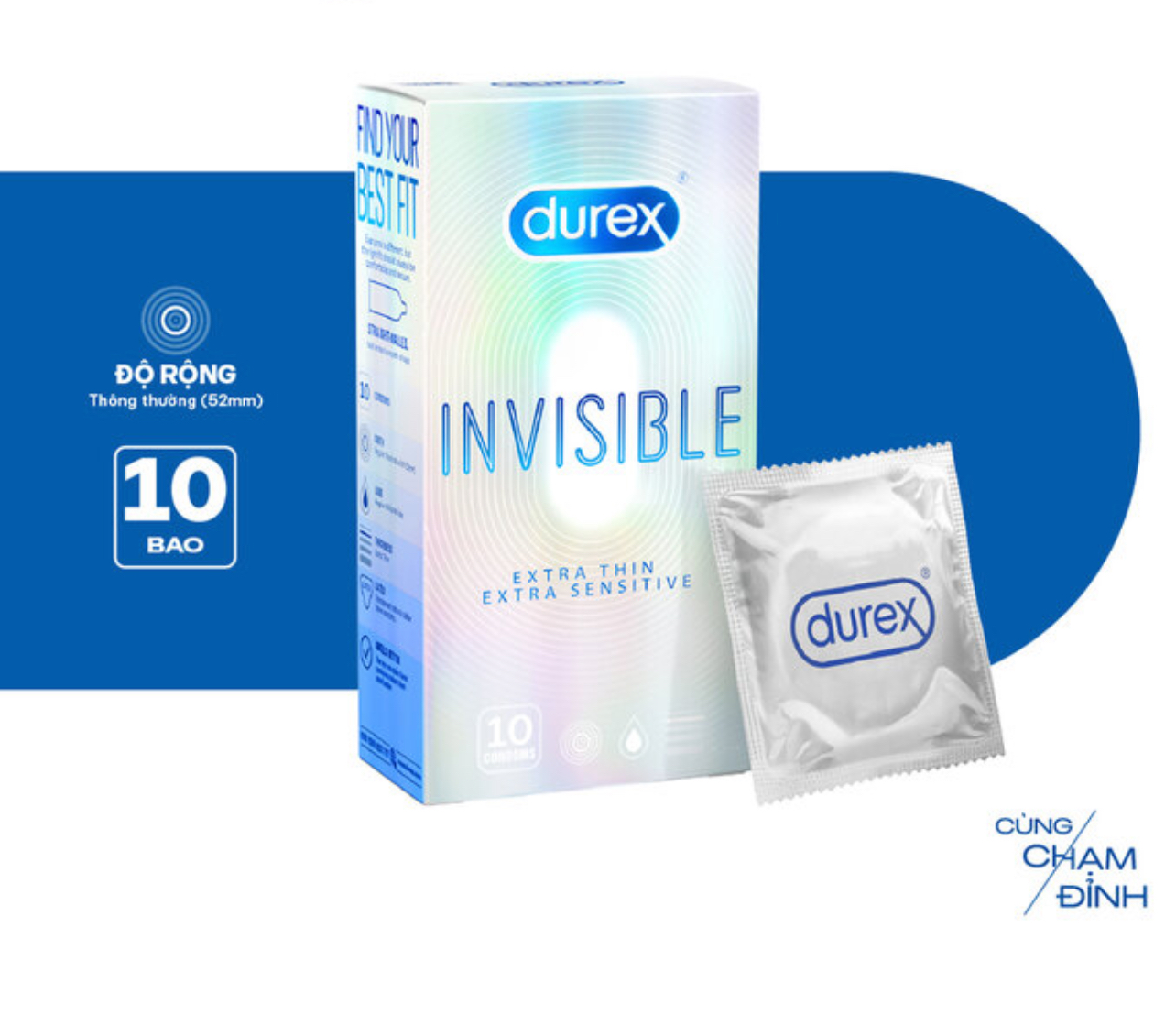 Bao Cao Su Durex Invisible Siêu Mỏng Size 52mm (Hộp 10)