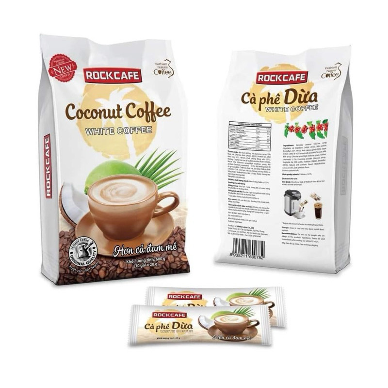 ￼Rockcafe Cà Phê DỪA Túi 30 gói x 20 g - Cà Phê Sữa Dừa Rockcafe Mẫu Mới Coconut Coffee White Coffee - Cafe Dừa