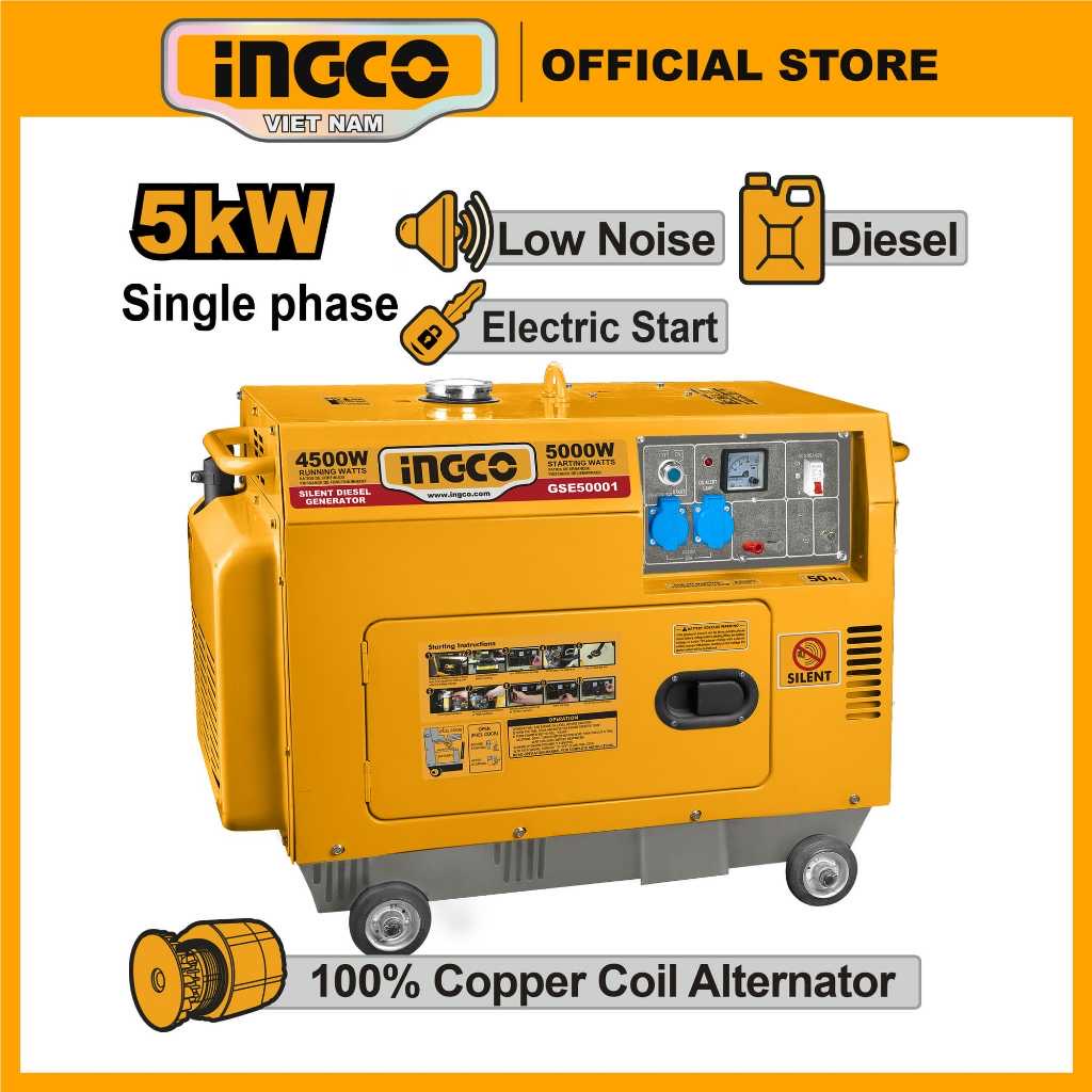 ￼Máy phát điện chạy dầu Diesel 5kva chống ồn INGCO GSE50001 100% dây đồng, 17L, ắc quy 30AH không cần bảo dưỡng (đề điện)