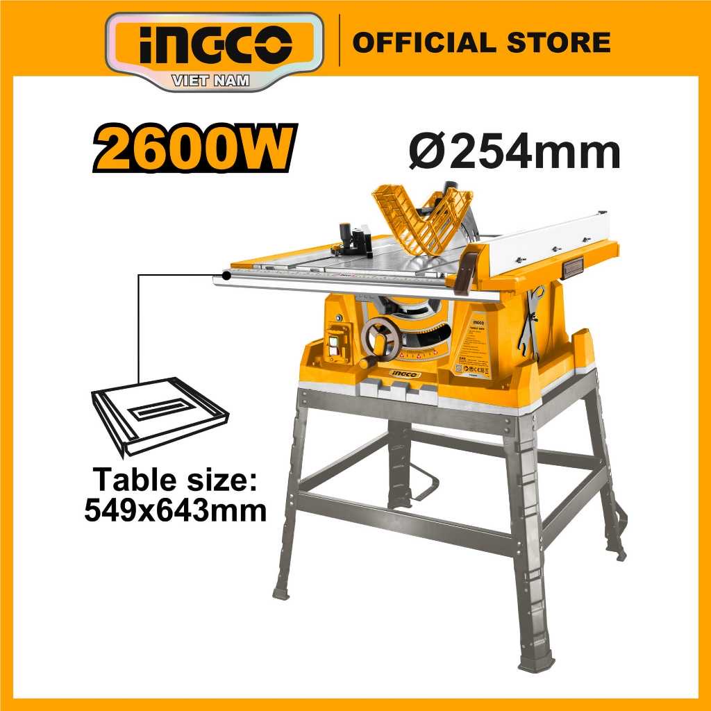 ￼Máy cưa bàn trượt INGCO TS26005 2600W bàn chính 643 mm x 549 mm chuyên cắt gỗ đa năng thợ mộc, xưởng gỗ