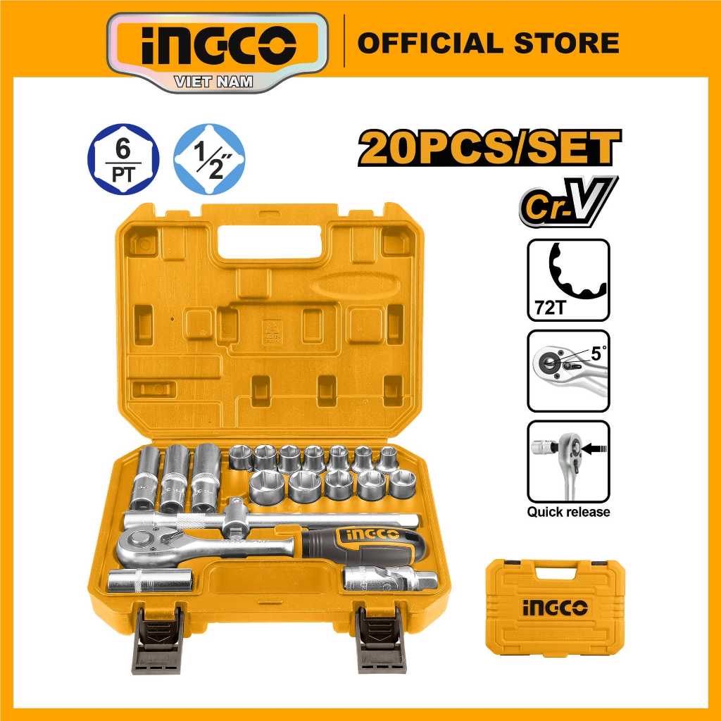 ￼INGCO HKTS12201 Bộ đầu tuýp và cần siết 20 chiếc 1/2"