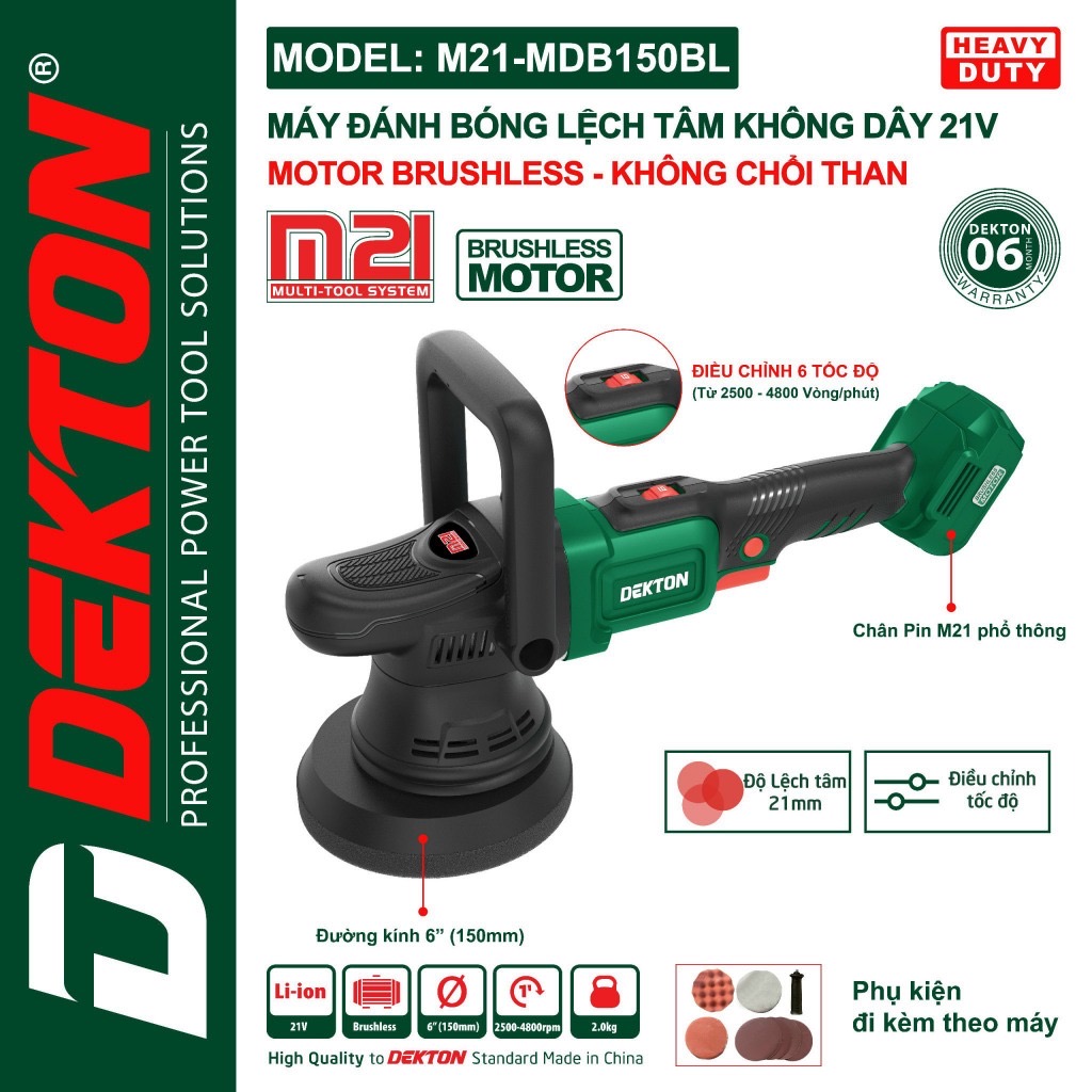 ￼Thân máy đánh bóng lệch tâm pin DEKTON M21-MDB150BL, Motor Brushless, 6 Tốc độ, Đường kính đế 150mm, Tặng kèm phụ kiện