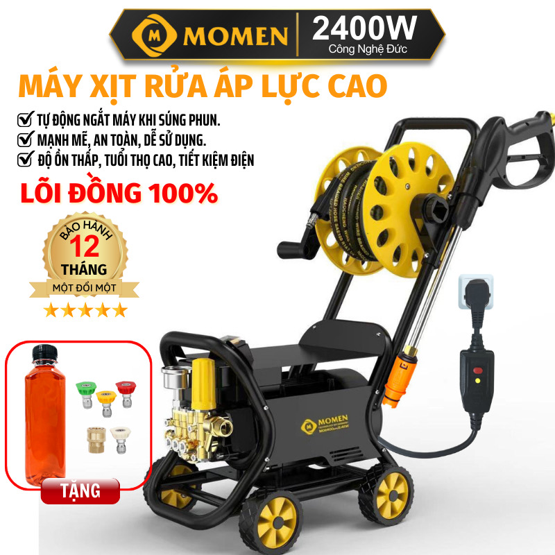 Máy rửa xe bán công nghiệp MO2400pre chính hãng siêu mạnh - Có rulo cuốn 15M dây và khung 4 bánh xe - lõi đồng 100%