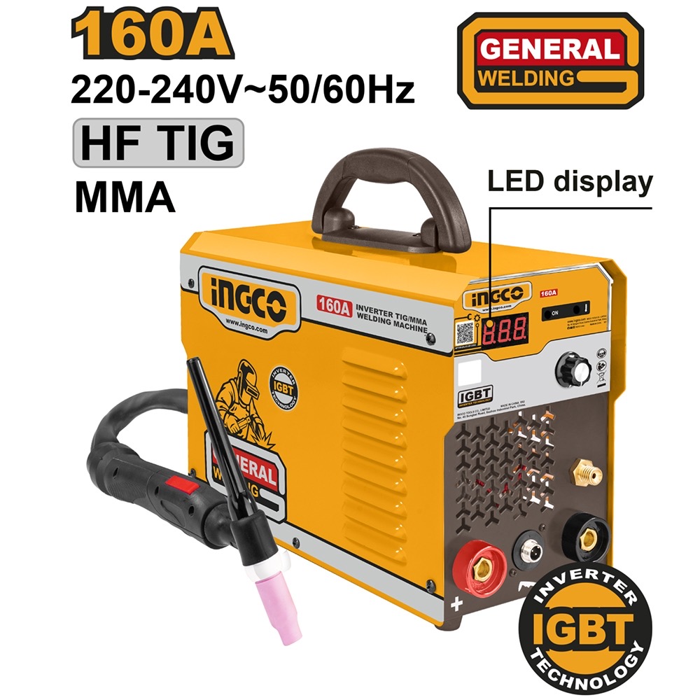 ￼Máy hàn TIG hàn điện tử 160A ING-TIG1601 hàn TIG tích hợp chức năng hàn MMA (hàn que) 15-160A, que hàn 1.6-4.0mm LCD