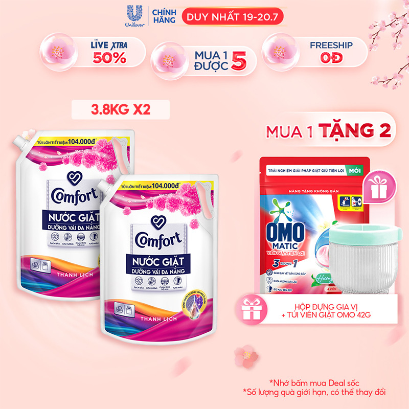 ￼Combo 2 Túi Nước Giặt Comfort Dưỡng Vải Đa Năng Thanh Lịch 3.6Kg / 3.8Kg