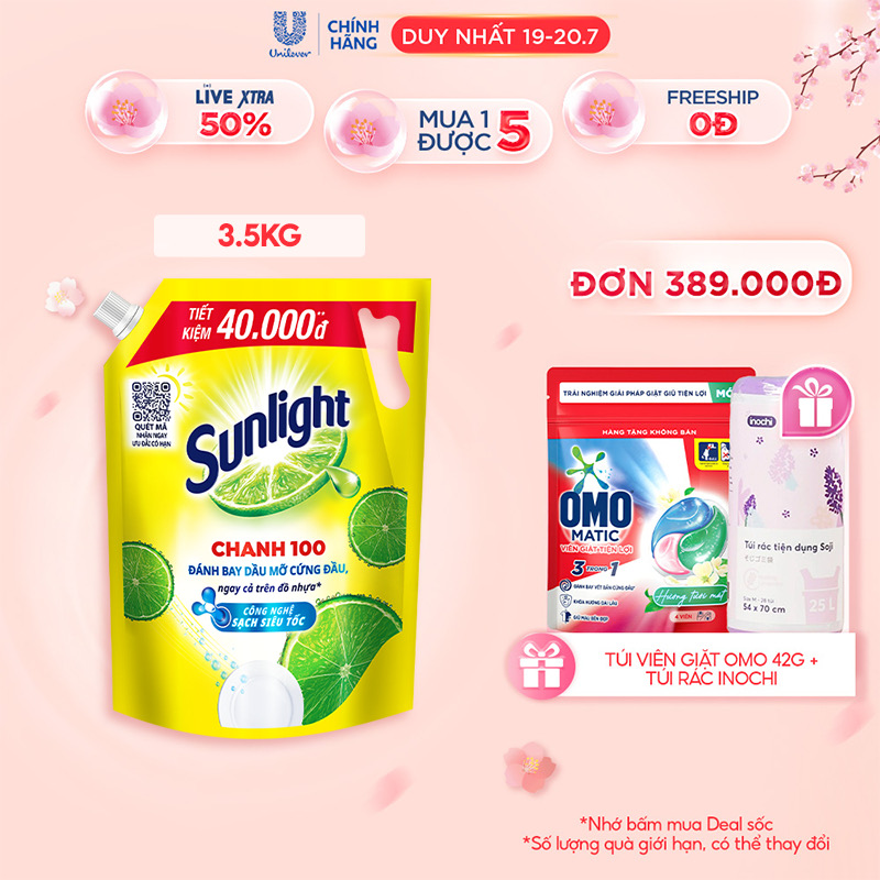 ￼Nước rửa chén Sunlight chanh 100 mới đánh bay dầu mỡ cứng đầu túi 3.5kg