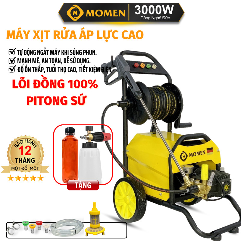 Máy rửa xe công nghiệp có rulo cuốn dây MO3000RUL, tiệm rửa xe tải chuyên dùng, lõi đồng 100%, pitong sứ, chạy bền 24/24