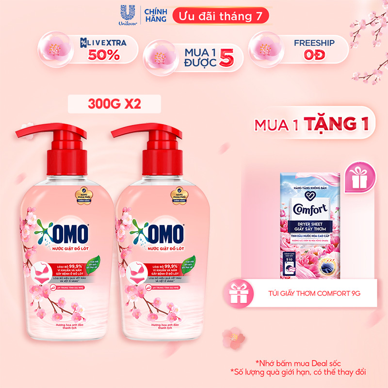 ￼Combo 2 Chai Nước Giặt Đồ Lót OMO Hương Hoa Anh Đào Thanh Lịch 300G